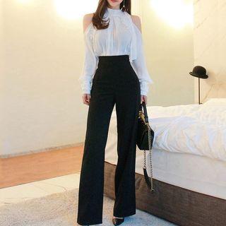 Set: Cold-shoulder Long-sleeve Ruffled Blouse + High-waist Wide-leg Pants