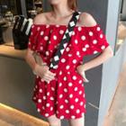 Short-sleeve Polka Dot Ruffled Wide-leg Playsuit