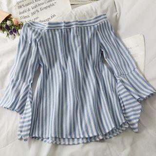 Boatneck Bell-sleeve Striped Loose Top Blue - One Size