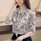 Long-sleeve Tie-neck Floral Print Blouse