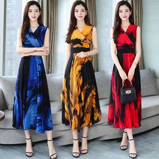 V-neck Print Midi A-line Sundress