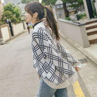 Wool Blend Checked Boxy Cardigan
