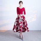 Lace Panel Flower Embroidered 3/4 Sleeve Evening Dress
