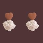 Heart Pom Pom Dangle Earring 1 Pair - White & Coffee - One Size