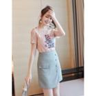 Set: Camisole + Printed Short-sleeve Lace Top + High-waist Mini A-line Skirt