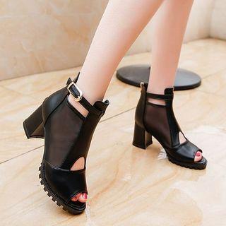 Mesh Panel Chunky Heel Peep Toe Sandals