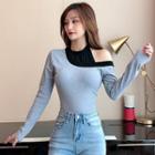 Two-tone Panel Asymmetric Cold-shoulder T-shirt
