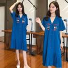 Short-sleeve Embroidered Open-collar A-line Midi Shirtdress