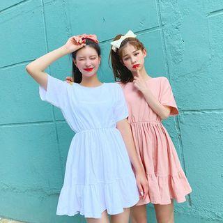 Round-neck Shirred Mini Flare Dress