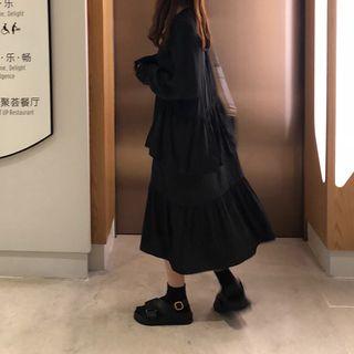 Long-sleeve Plain Tiered Dress