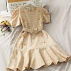 Buttoned Puff-sleeve Plaid A-line Dress With Belt