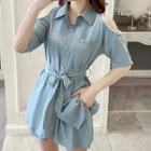 Short-sleeve Cold Shoulder Tie-waist Shirt / Shorts / Set