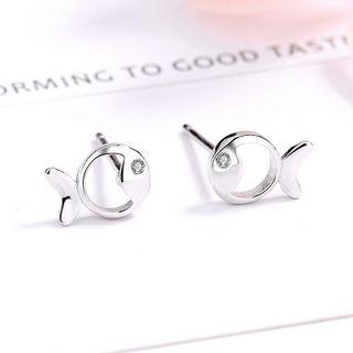 S925 Sterling Silver Rhinestone Fish Stud Earring As Shown In Figure - One Size