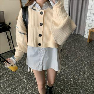 Cropped Knit Cardigan / Plain Long-sleeve Shirt