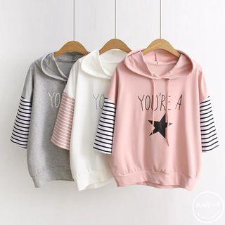 Star Print Hooded Elbow-sleeve T-shirt