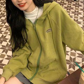 Lettering Embroidered Hooded Zip Jacket Mustard Green - One Size