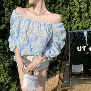 Off-shoulder Floral Blouse Light Blue - One Size