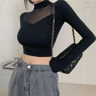 Long-sleeve Mock-neck Mesh Panel Fitted Crop Top