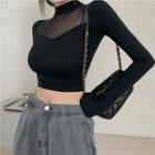 Long-sleeve Mock-neck Mesh Panel Fitted Crop Top