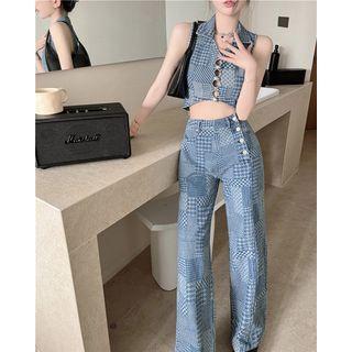 Denim Cropped Halter Top / High-waist Houndstooth Loose-fit Jeans