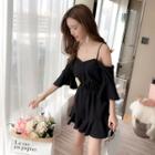 Cold-shoulder 3/4-sleeve Ruffled-hem Playsuit
