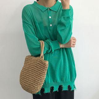 Distressed Hem Long Sleeve Knit Polo Shirt