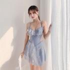 Spaghetti Strap Feather Embroidered Swimdress