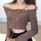 Long-sleeve Off-shoulder Frill Trim Crop Top / Padded Camisole