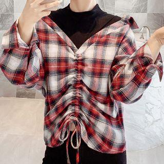Mock Two-piece Drawstring Plaid Blouse