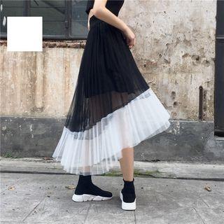 Color-block Pleated Mesh Skirt