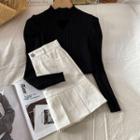 Long-sleeve V-neck Knit Top / Pleated Mini A-line Skirt
