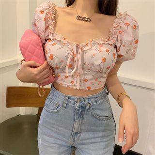 Puff-sleeve Floral Tie-neck Cropped Top As Shown In Figure - One Size