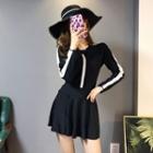 Set: Bikini Top + Long-sleeve Contrast Trim Zip Swimdress