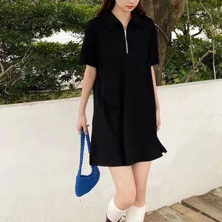 Short Sleeve Plain Half-zip Dress