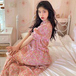 Puff-sleeve Floral Print Midi A-line Dress Dress - Pink - One Size