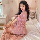 Puff-sleeve Floral Print Midi A-line Dress Dress - Pink - One Size