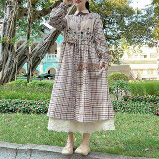 Long-sleeve Plaid Button-up Midi A-line Dress Coffee - One Size