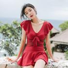 Short-sleeve Ribbon Front Swim Dress