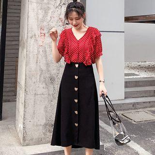 Set: Short-sleeve Dotted Blouse + Midi A-line Skirt