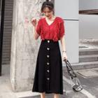 Set: Short-sleeve Dotted Blouse + Midi A-line Skirt