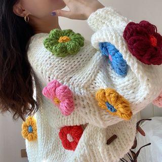 Floral Sweater Green & Pink & Red & Milky White - One Size