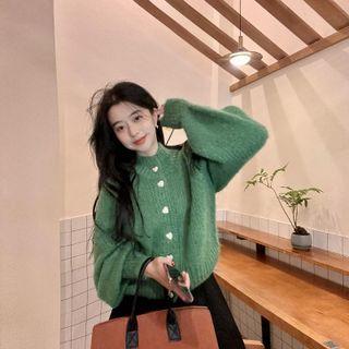 Heart Button Cardigan Green - One Size