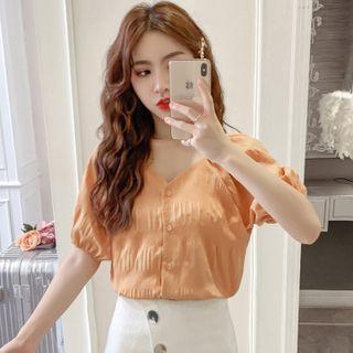 Puff-sleeve Textured Buttoned Top
