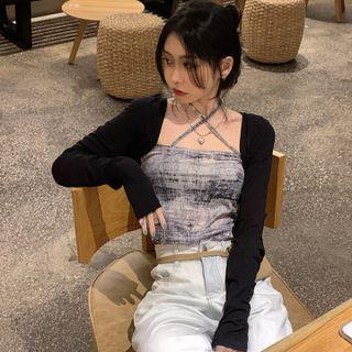 Set: Halter Strap Top + Cardigan Set - Top - Gray & White - One Size / Cardigan - Black - One Size
