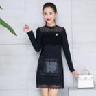 Knit Panel Long Sleeve Mini Lace Dress