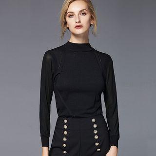 Tulle Sleeve Mock Collar Knit Top