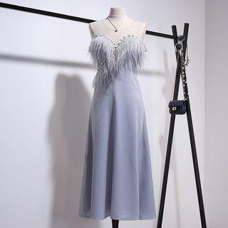 Fringed Mesh Panel Sleeveless Midi Dress