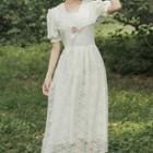 Collared Short-sleeve Lace Midi A-line Dress