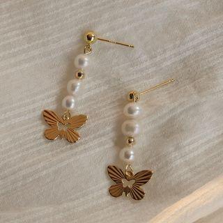 Beaded Butterfly Drop Earring 1 Pair - A - 850 - Three Faux Pearl - Gold - One Size