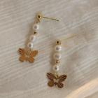 Beaded Butterfly Drop Earring 1 Pair - A - 850 - Three Faux Pearl - Gold - One Size